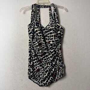 Lands' End V-Neck black brown Swim skirt One Piece halter Size 14 cruise wear